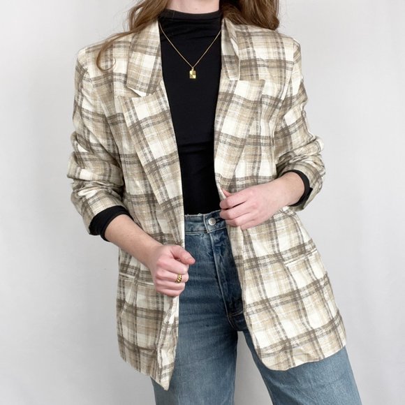 Vintage Parisian Plaid Oversized Preppy Linen Blazer Long Jacket Pea Coat Preppy - Picture 7 of 7